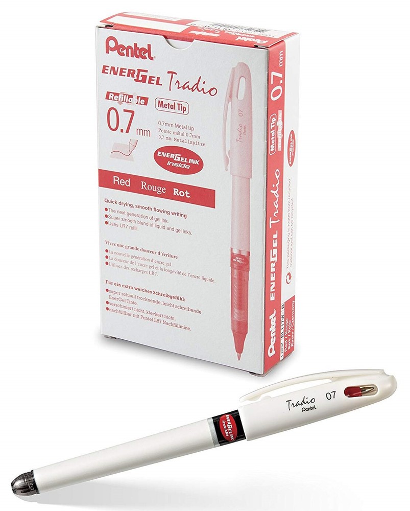 NEW Pentel EnerGel Tradio Pearl 0.7mm RED Refillable Gel Pens 12-PACK Box Capped