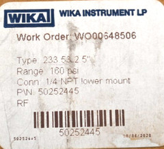 WIKA 160 psi 1/4 NPT Pressure Gauge P/N 50252445