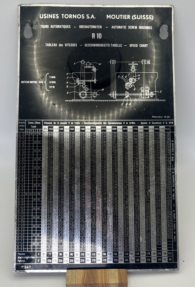 Usines Tornos R10 Speed Threading Chart Plate T347 Moutier Suisse Screw Machine