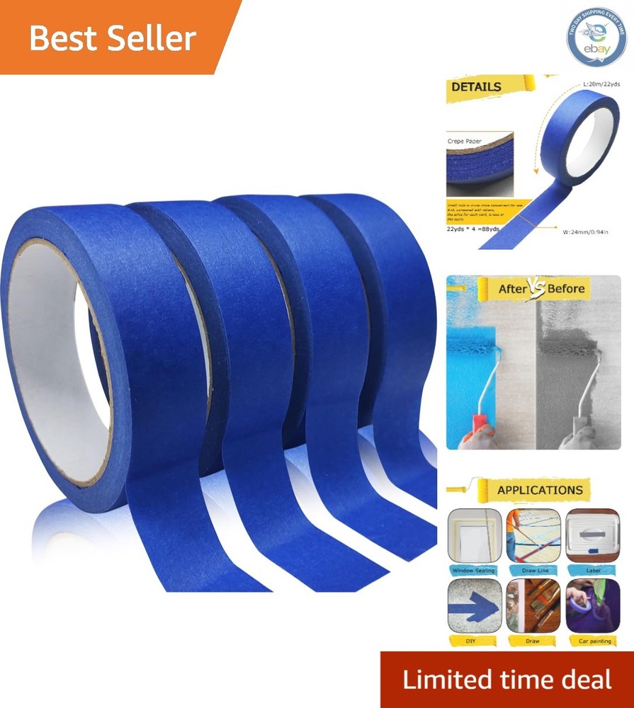 4 Rolls of Blue Painters Tape – No Residue, Easy Removal (0.94in x 22yd)