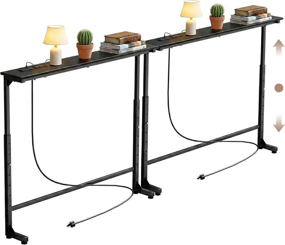 Adjustable Height Narrow Sofa Table with Built-In Power Outlets, 78″ Long Consol