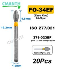 20Pcs US Dental Diamond Burs High Speed Burs Dental Lab Polishing Drills 1.6mm
