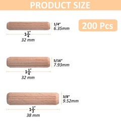 1/4-Inch Wooden Dowel Pins – 200 Pcs Fluted Wood Dowels 1/4 X 1-1/4 Inch