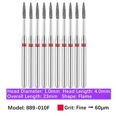 Vakker 10pc Dental 889-010F Fine Grit Diamond Burs Friction Grip FG Flame Bur