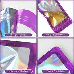 100 Pack Dark Purple Holographic Ziplock Bags Resealable Sealable Packaging Bag