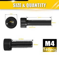 Duramedal 160pcs M4 x 12mm Screws, Hex Socket Head Cap M4*12mm 160pcs, Black
