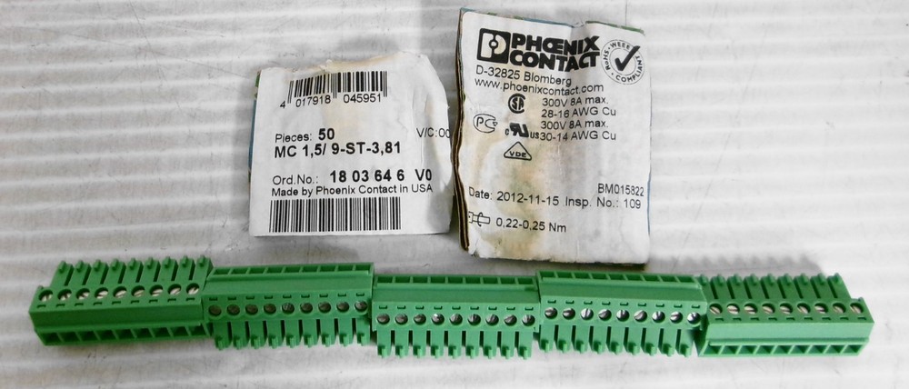 Phoenix MC 1,5/9ST-3,81 PCB Connector 9Pin 300V 8A Max 28-16/30-14AWG (Lot of 5)