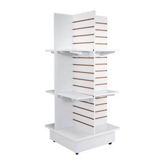 4 Panel White Slatwall Tower Casters and Shelves 23″ x 23″ x 54″