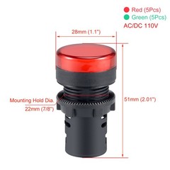 10sets AC/DC 110V Indicator Lights Red Green LED Flush Panel Mount 7/8″ 22mm