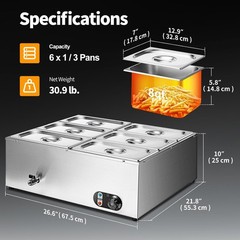 6-Pan 48Qt Commercial Food Warmer 1500W Steam Table Buffet Bain Marie Warmer