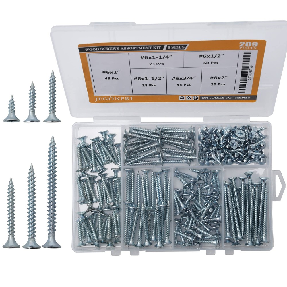 209-Piece Wood Screws Assortment Kit with Phillips Drive and Various Sizes