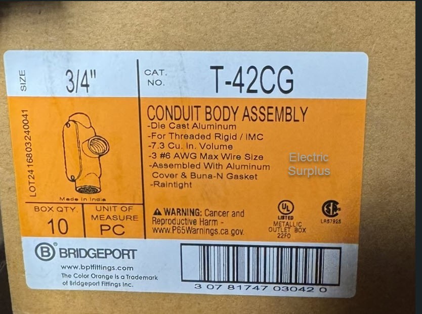 BRIDGEPORT T-42CG TYPE T CONDUIT BODY W/ COVER GASKET ALUMINUM (QTY:10)