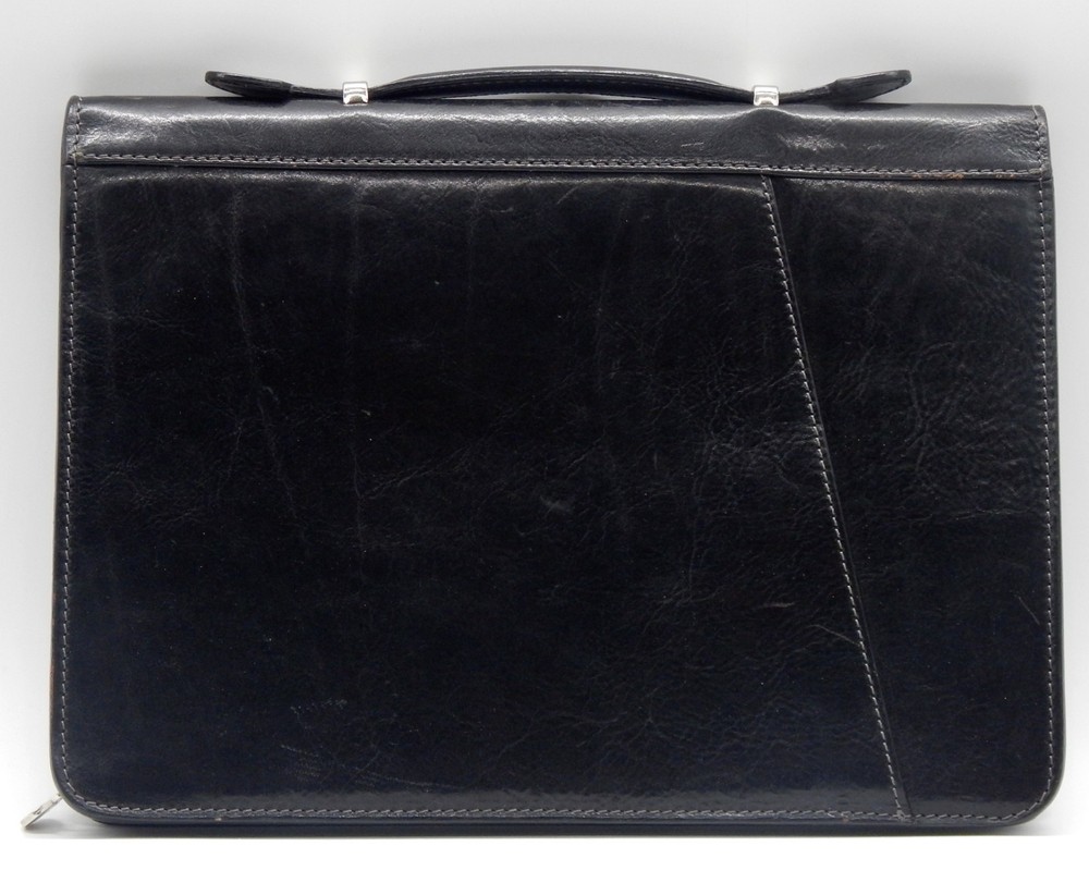 Vintage Italian Black Leather Portfolio Zippered Organizer Made Florence Italy
