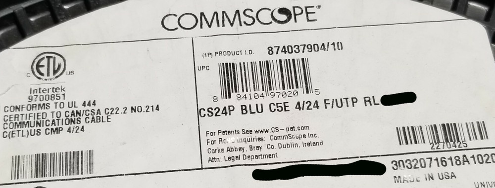 Commscope CS24P 24/4P Cat5E F/UTP WebTrak Plenum Shield Network Cable Blue/100ft