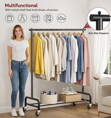Heavy Duty Metal Clothing Rack 43W Rollers for Coats Shirts Dress Storage