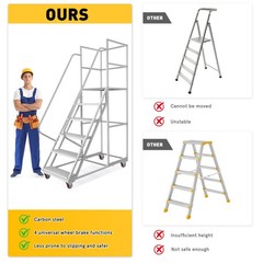 6 Step Rolling Warehouse Step Ladder, Movable Platform Ladder with Locking Wheel