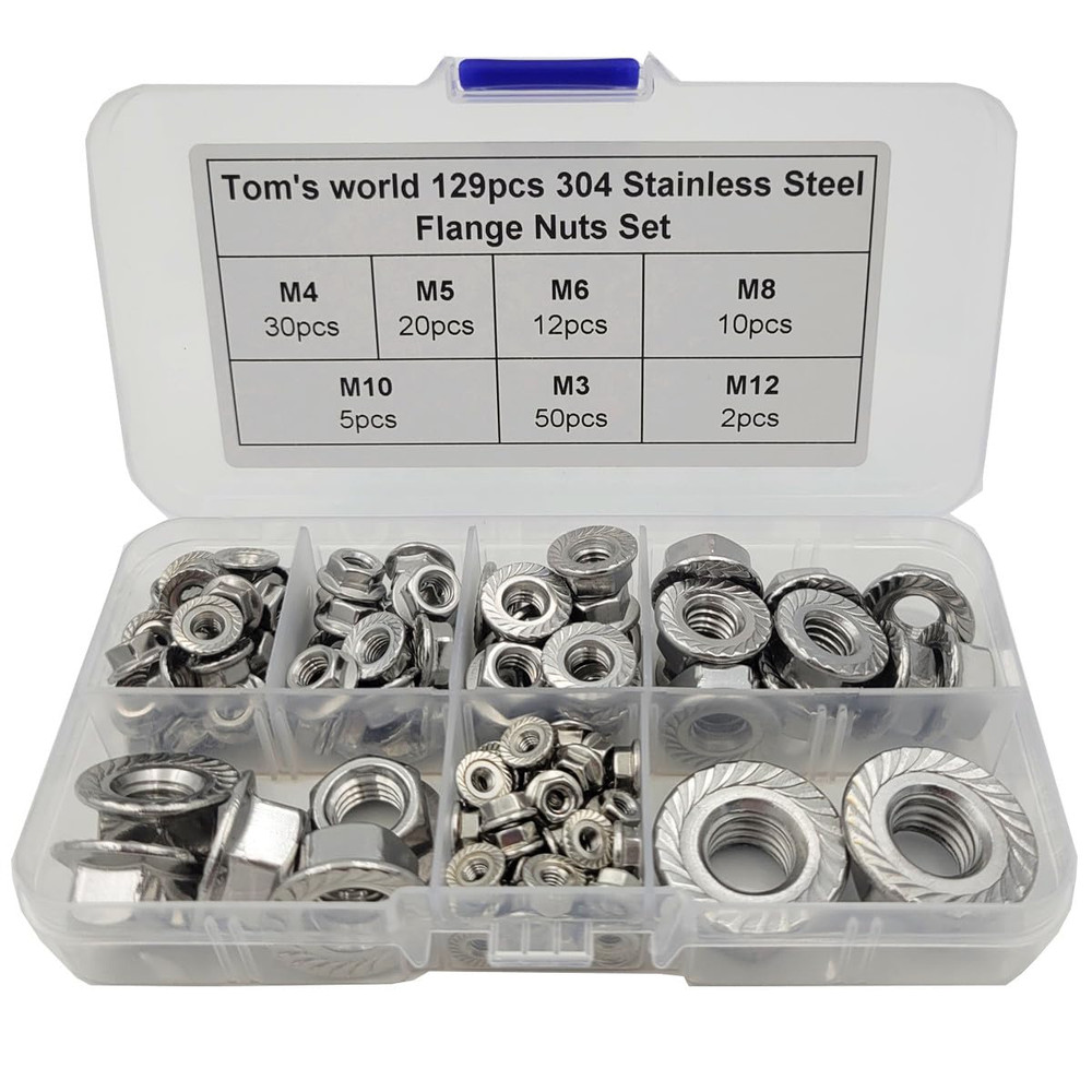 129Pcs Hex Flange Nuts Assortment Kit Stainless Steel 304(18-8) M3 M4 M5 M6 M8 M