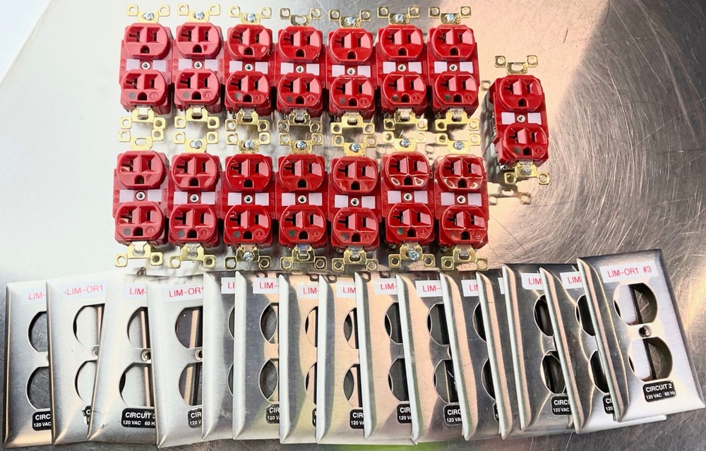 15 ea HRED HOSPITAL GRADE 20A 125V RED DUPLEX RECEPTACLES w/ Chrome Cover Plates