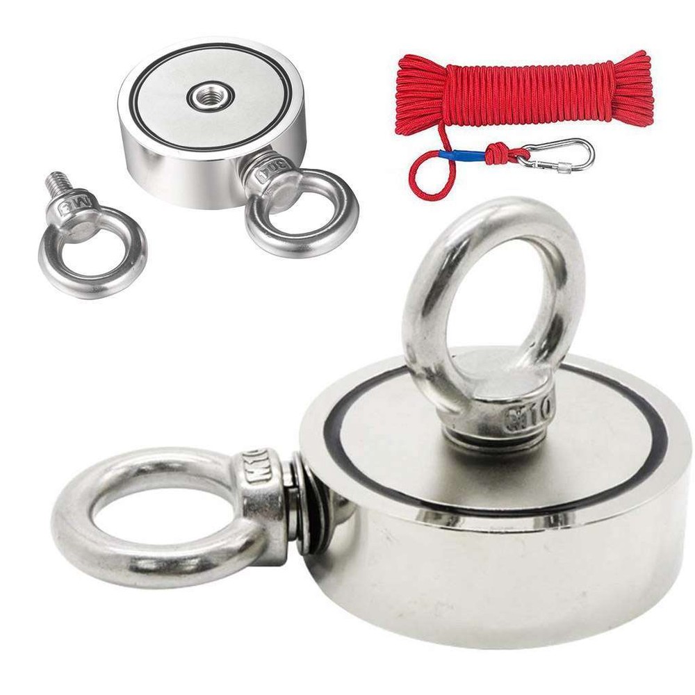 1000Lbs Double Sided Fishing Magnet Kit Strong Neodymium Magnet / Carabiner Rope