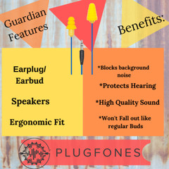 Plugfones Guardian, Earplugs with Audio, Earplug Headphones, 26 dB NRR, Orange