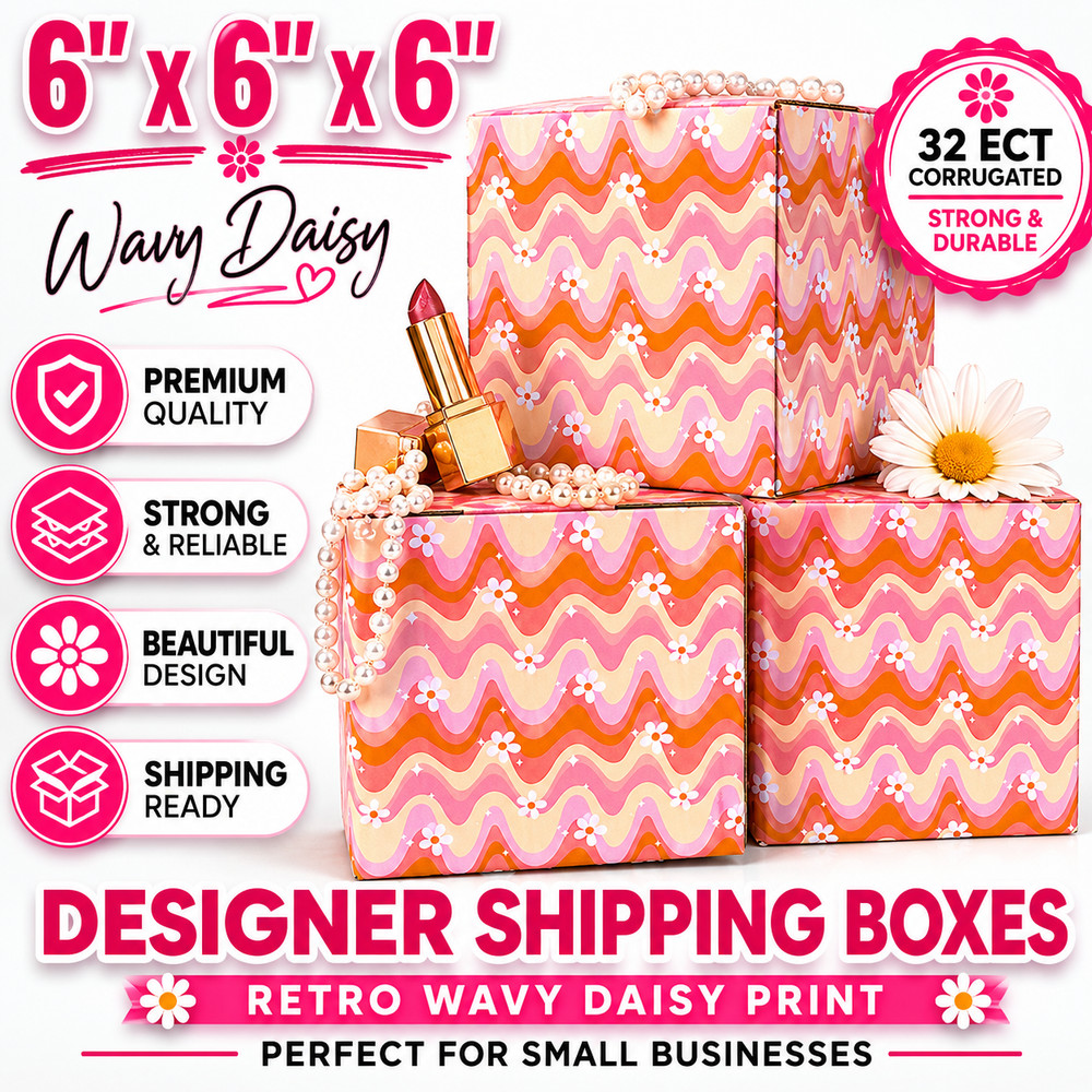 6x6x6 Wavy Daisy Designer Shipping Boxes Pink 32 ECT Corrugated Mailers