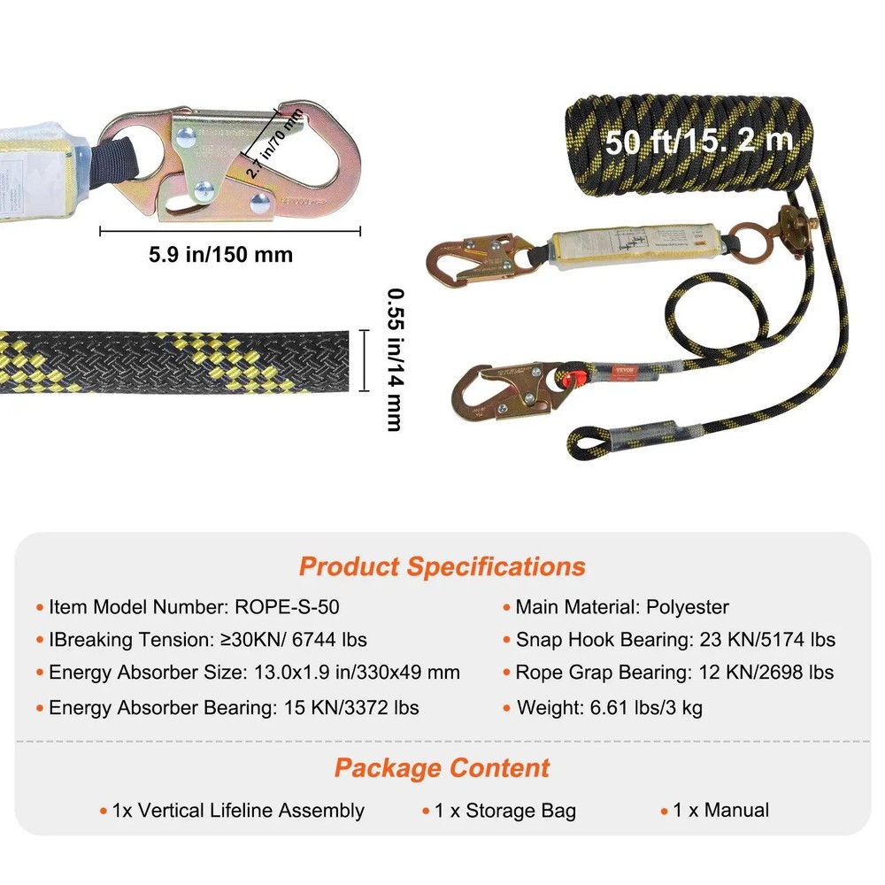 50ft Vertical Fall Lifeline Rope 0.55in ANSI Safety Rope Grab Shock Absorber Set