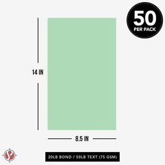 8.5 x 14 Green Pastel Color Paper, Legal Size, 20lb Bond (75gsm), 50 Sheets
