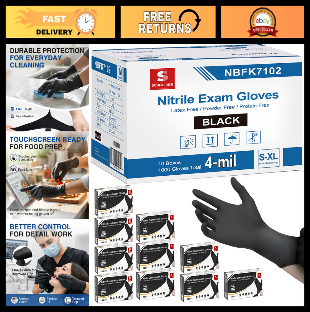 Disposable Nitrile Exam Gloves 4 Mil Black – Latex Free, Powder Free, Food Safe