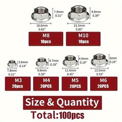 304 Stainless Steel Flange Nuts Kit – M3-M10, 100pcs for Hardware & DIY