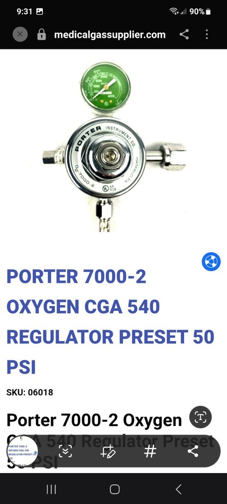 Porter 7000-2 Oxygen CGA 540 Regulator Preset 50 PSI,Porter 7500-2 N2O Regulator