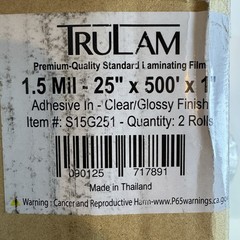 (2pk) TruLam S15G251 1.5mil 25in x 500ft x 1in Clear/Glossy Laminating Film