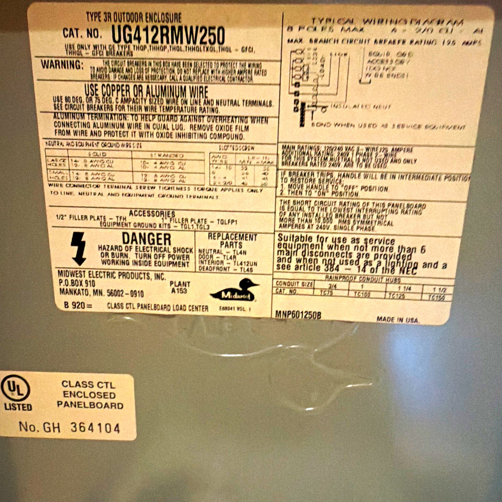 Midwest Type 3R Outdoor Enclosure UG412RMW250 250A 120/240V AC Gray