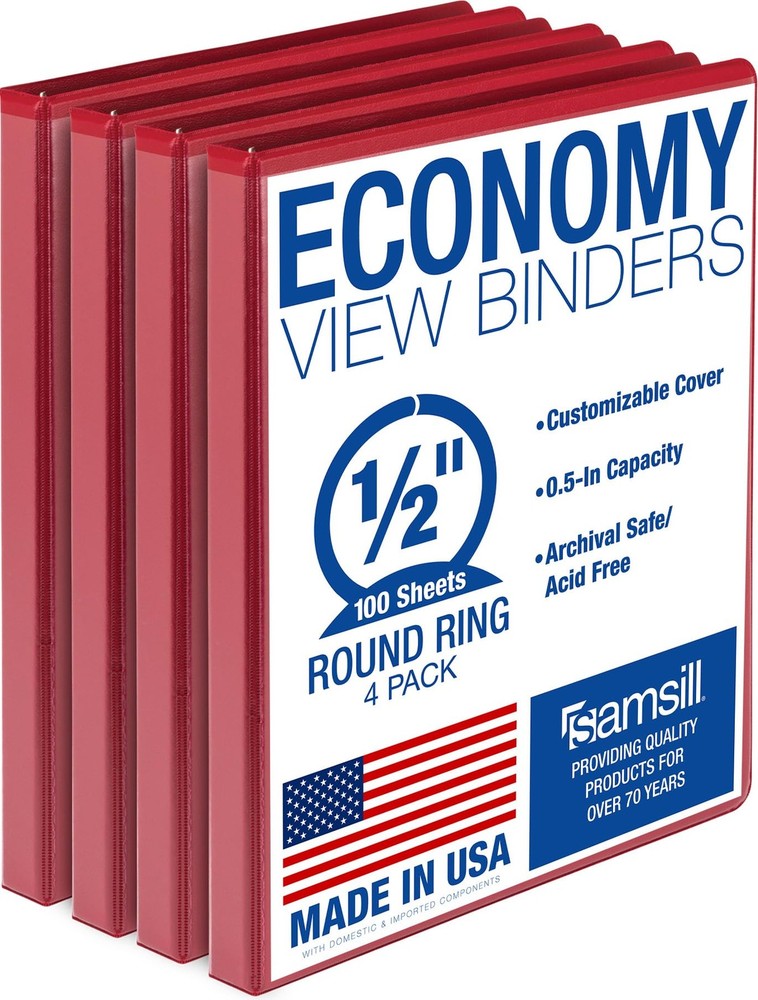 Samsill 0.5 Inch 3 Ring Binder, Economy Round Ring, Clear View 4-Pack, Red