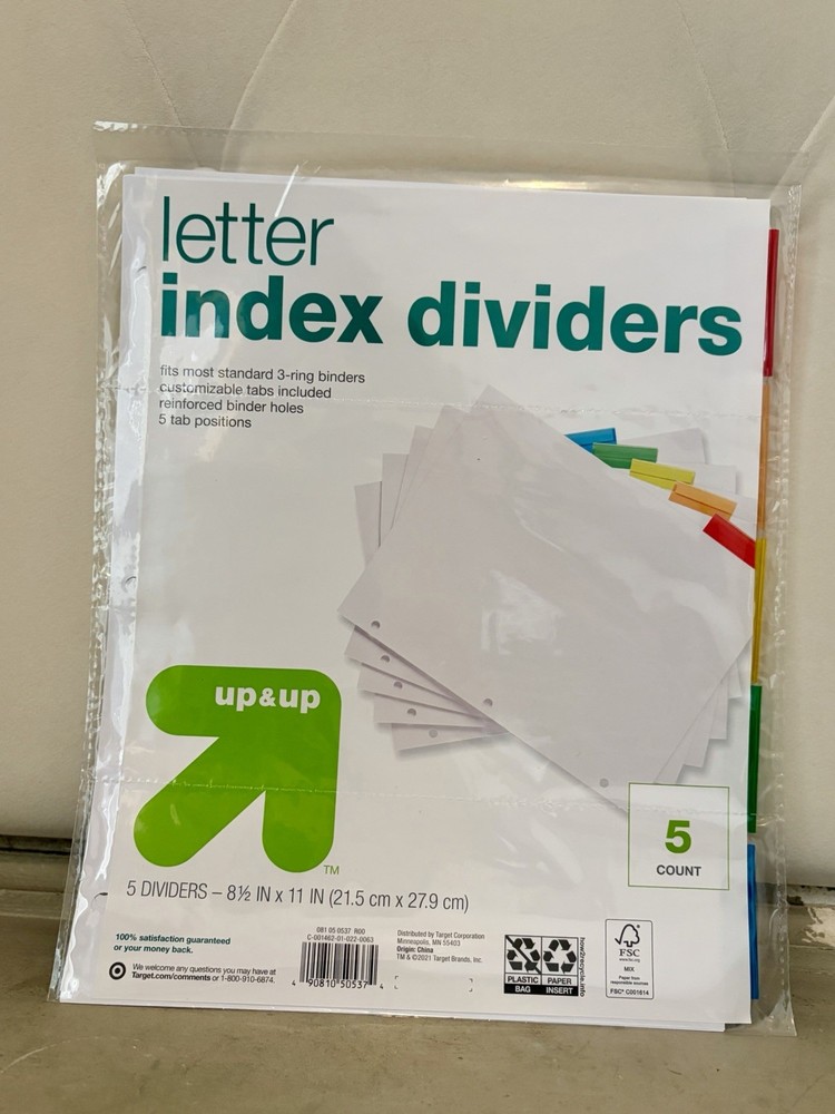 up&up Letter Index Dividers 5-Count 8.5×11 3-Ring White/Multicolor Tabs