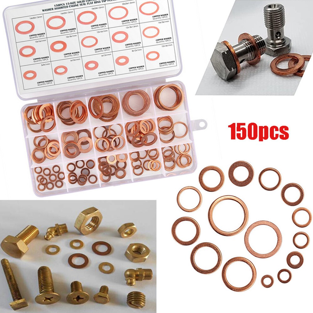 150x Copper Crush Washer Gasket Set Flat Ring Seal Assortment Kit For M5-M22 Kit