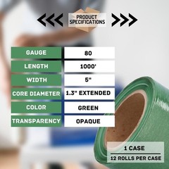 12 Rolls Opaque Green 5″ x 1000 Ft. Mini Extended Core Pallet Stretch Wrap 80 Ga