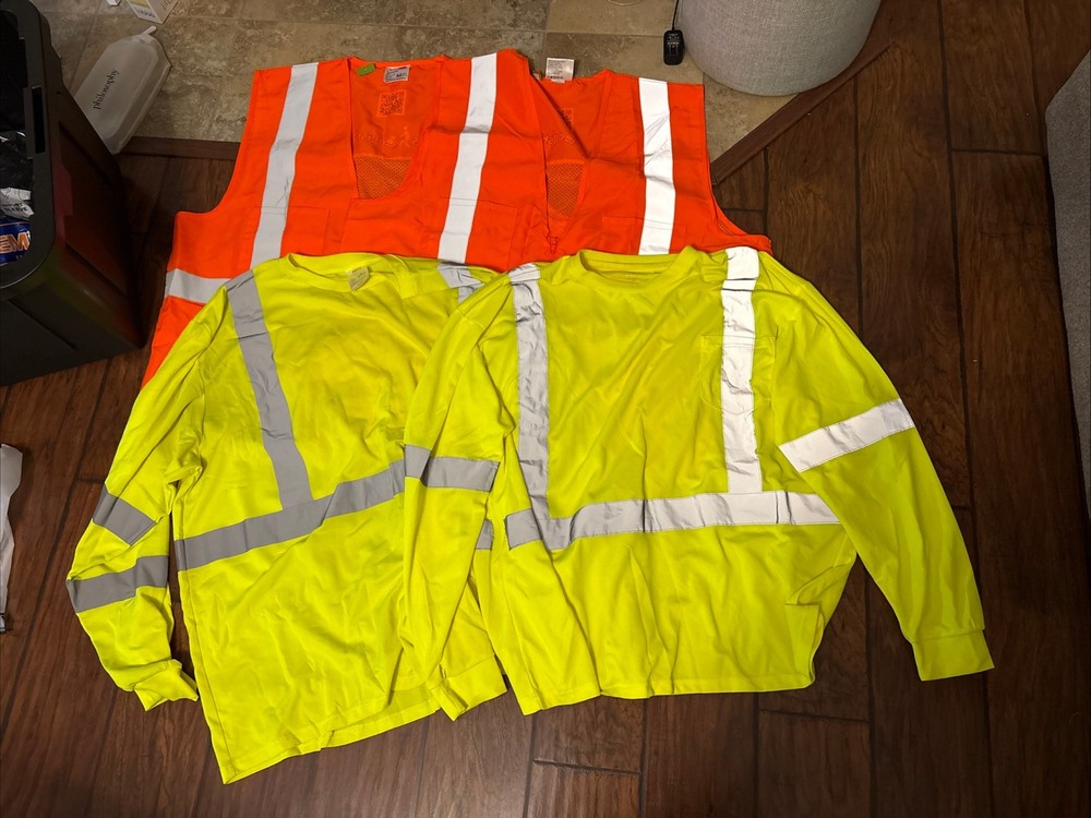 Lot Of 4 Vests: 2 Long Sleeve Neon (3XL), 2 Sleeveless Orange (X2)