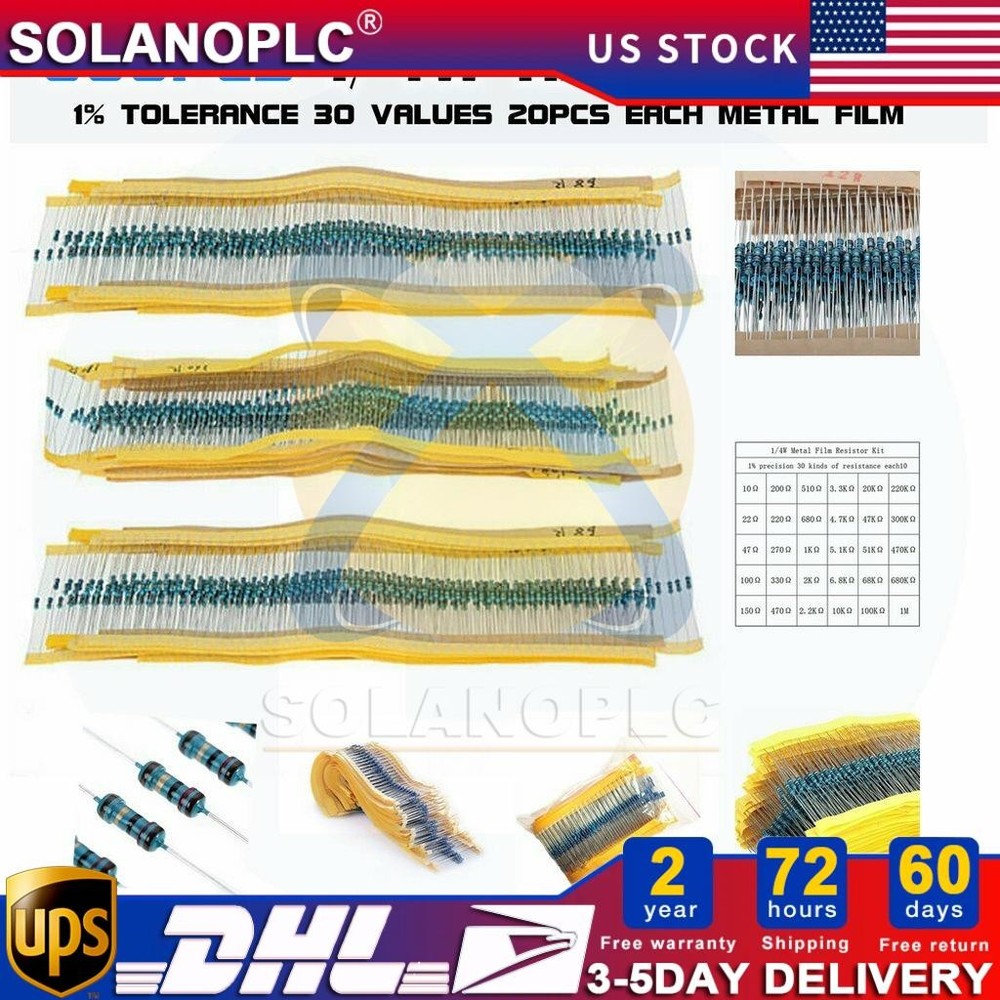 600pcs 30 Values 1/4W Metal Film Resistors Resistance Assortment Kit Set 1% USA