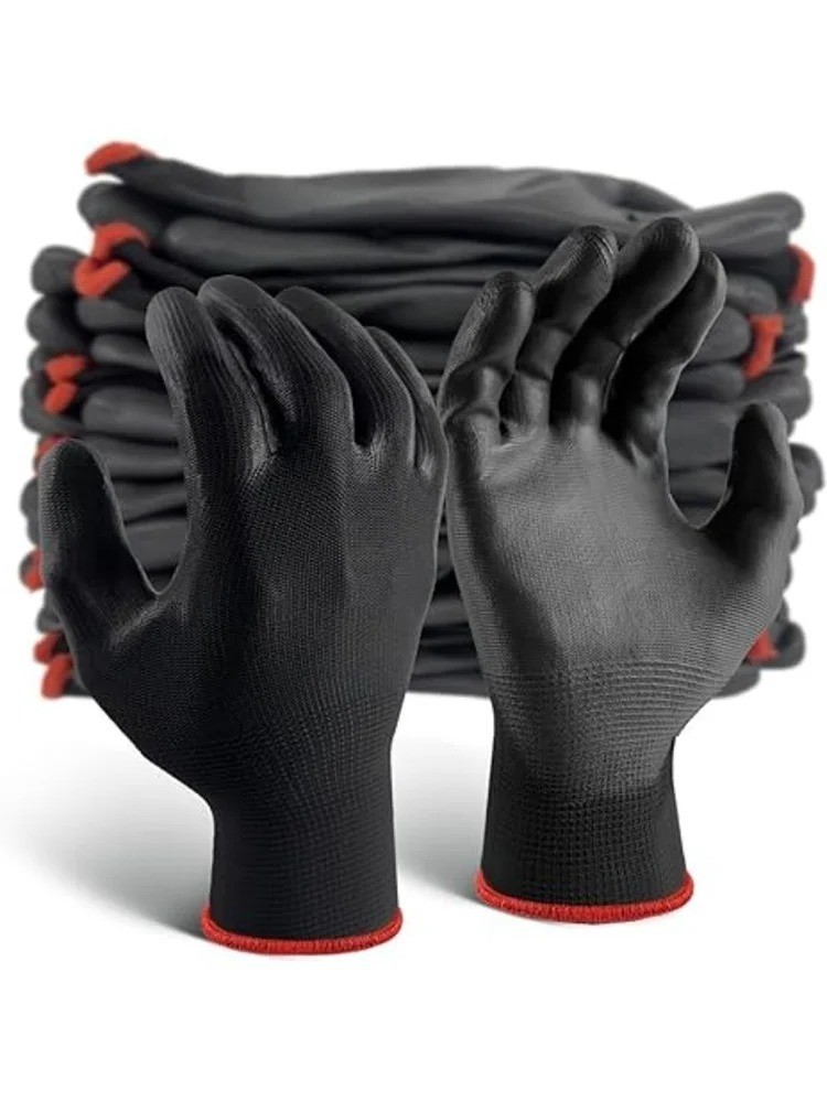 WOLF Ultra-Thin Black Work Gloves Polyurethane Palm Coated Nylon Shell 12 Pairs