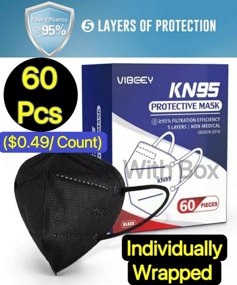 60 Pcs Black KN95 Protective 5 Layer Disposable Face Mask Adult Mouth Nose Cover