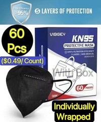 60 Pcs Black KN95 Protective 5 Layer Disposable Face Mask Adult Mouth Nose Cover