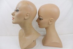 2 Vintage Fiberglass Mannequin Head Wig Painted Eyes Halloween Bust Eyelashes