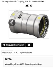 4” VIEGA 28780 MegaPressG Stop Coupling CARBON STEEL P X P Gas Pipe Fitting