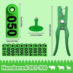 Numbered Cattle Ear Tags with Plier, 001-100 for Livestock Identification
