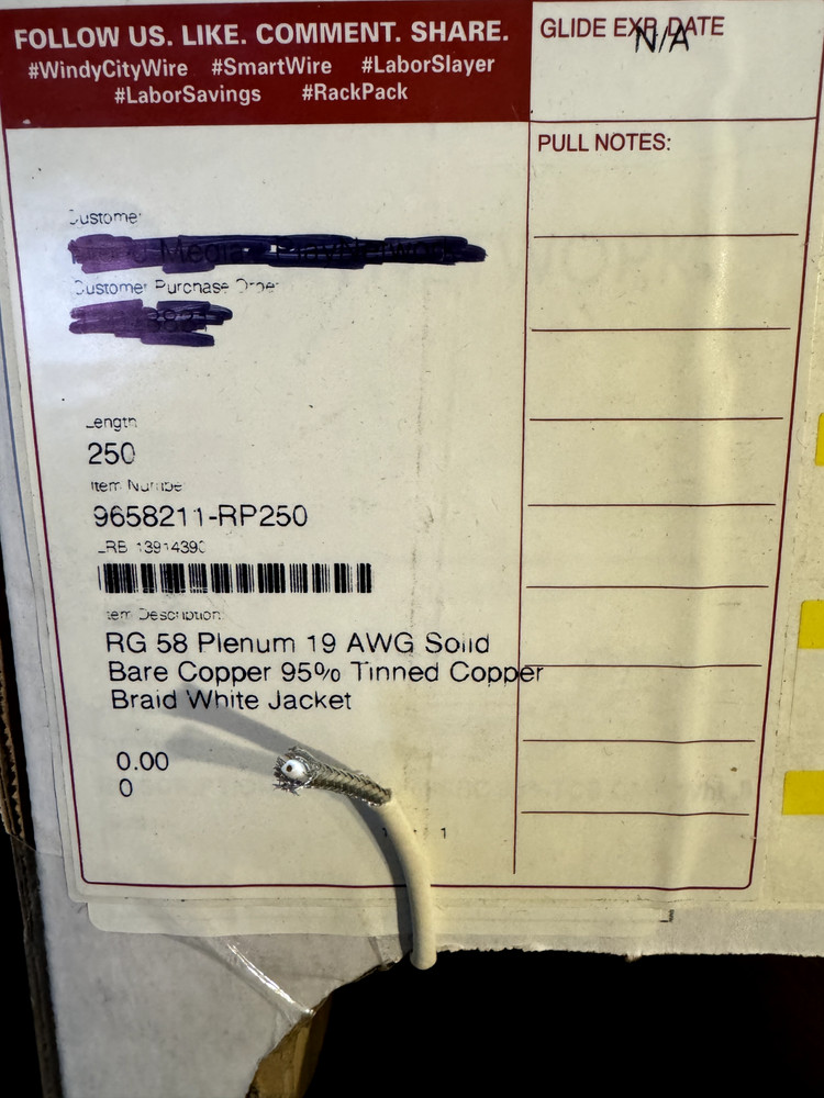 Windy City Wire 9658211-RP250 RG 58/U Plenum, 19 AWG Bare Copper 250′ NEW