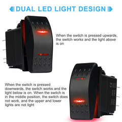 Waterproof Rocker Switch Toggle On-Off-On 12V/20A 24V/10A 7Pin DPDT Red LED Ligh