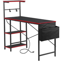 44″ Gaming Desk Computer Desk with Power Outlet & LED Light & Storage Shelves