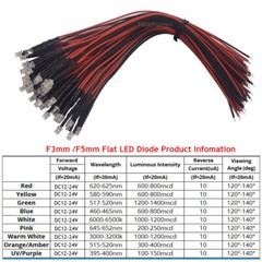 12-24V 3mm 5mm Pre Wired Flat Top LED lights Emitting Diode White Red Green RGB