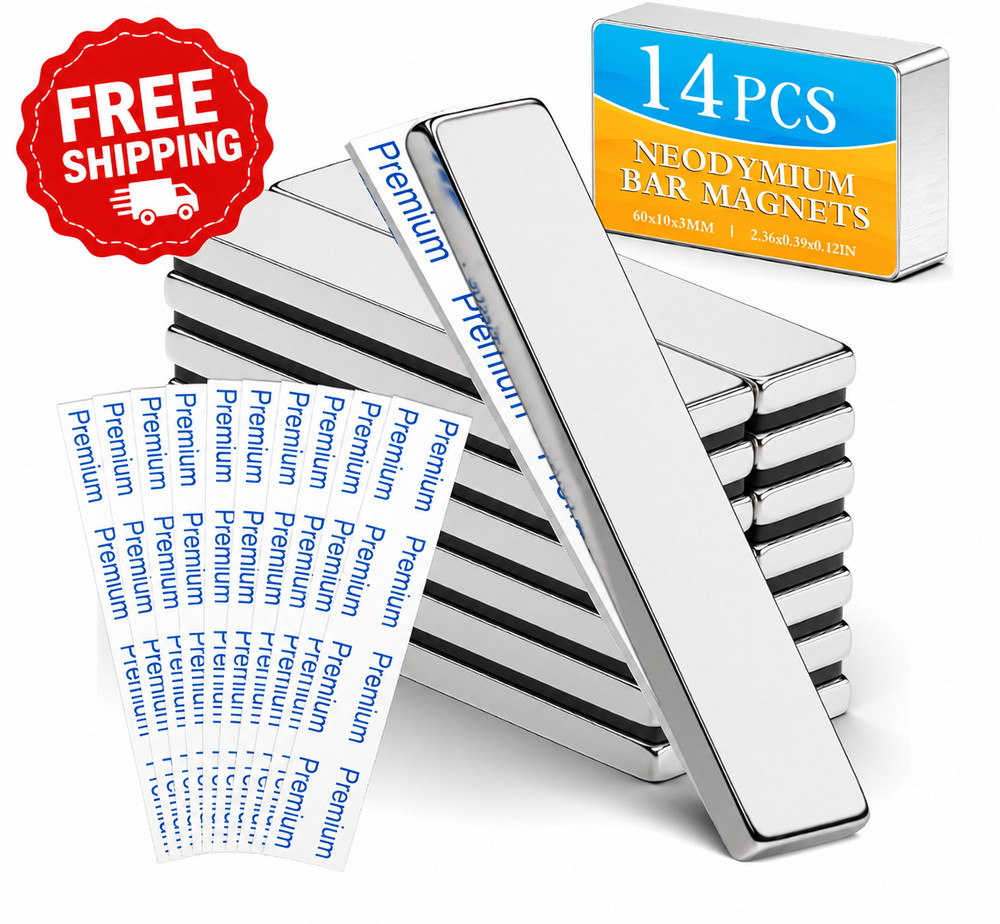 14 Pack Neodymium Bar Magnets 60x10x3mm Strong Rare Earth Magnets Heavy Duty