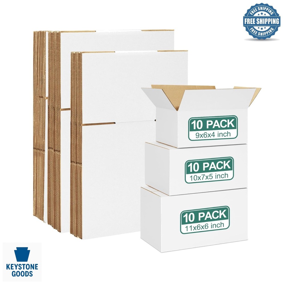 30 Pack Assorted Small Shipping Boxes – White Corrugated Mailers for Small Bu…